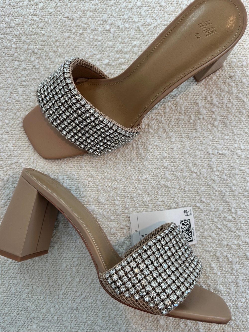 H&M Rhinestone Block Heel Mule Sandals Size 42 US 11 Nude Sparkle - Picture 1 of 4